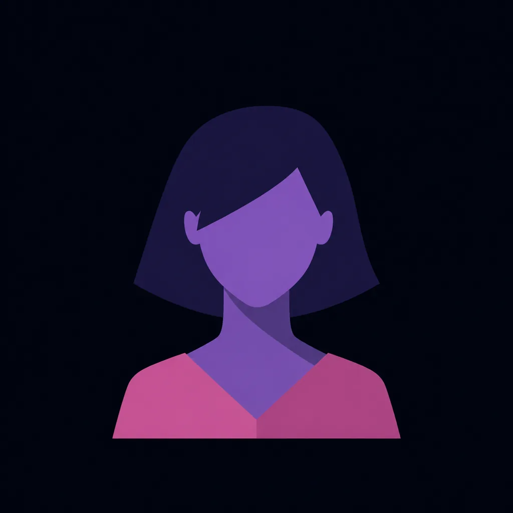 Flat geometric avatar of a person with short hair in violet and magenta on a dark background